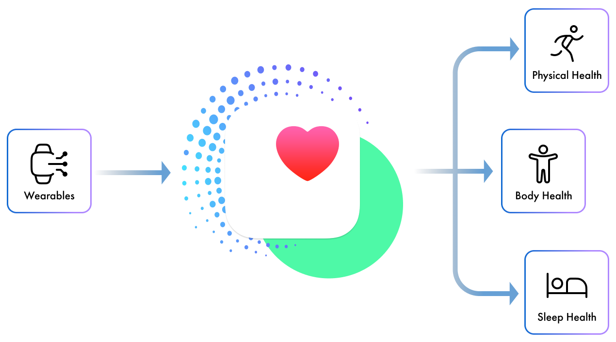 Apple Health data flow — sources to health pillars